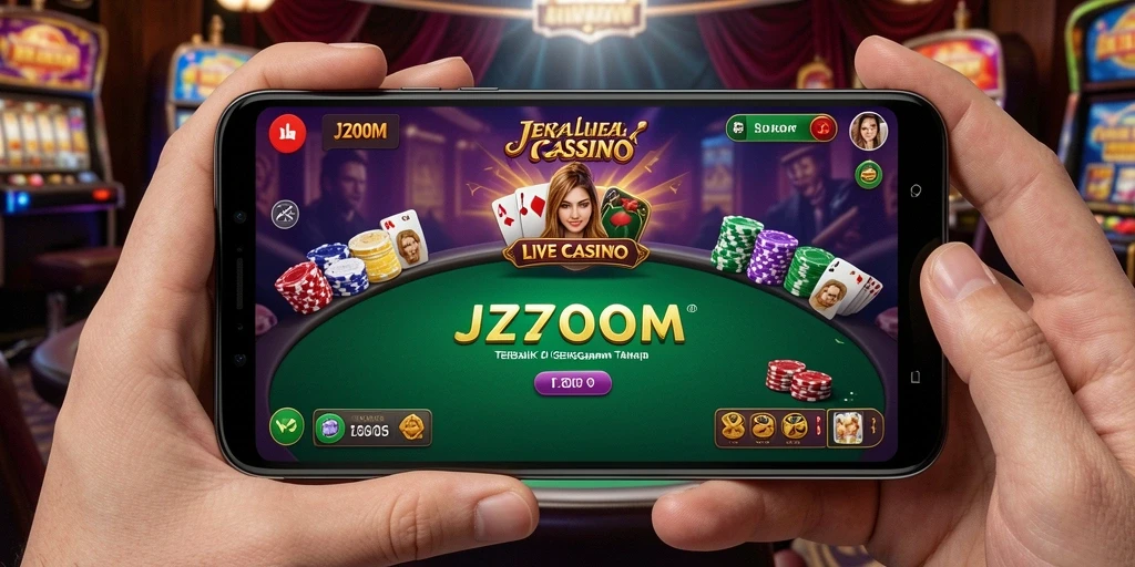 Screenshot gameplay J200M menampilkan dealer dan pemain dalam suasana kasino yang nyata.