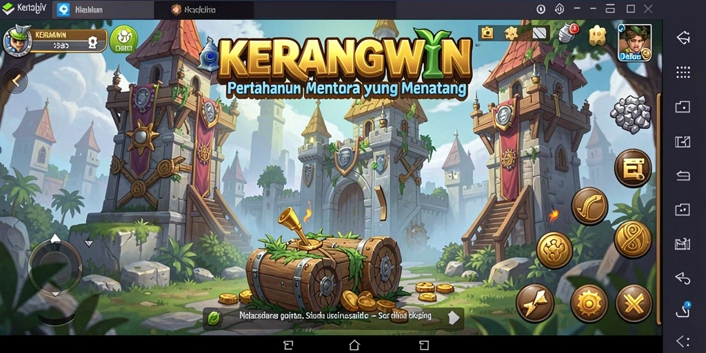 Tampilan gameplay KERANGWIN dengan menara yang strategis dan musuh yang menyerang.