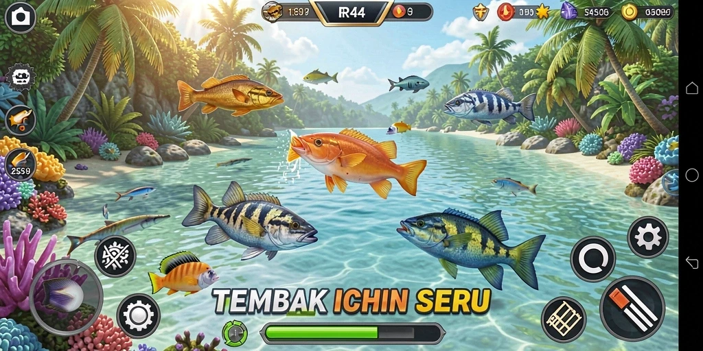 Screenshot gameplay menampilkan aksi menangkap ikan di RR44.